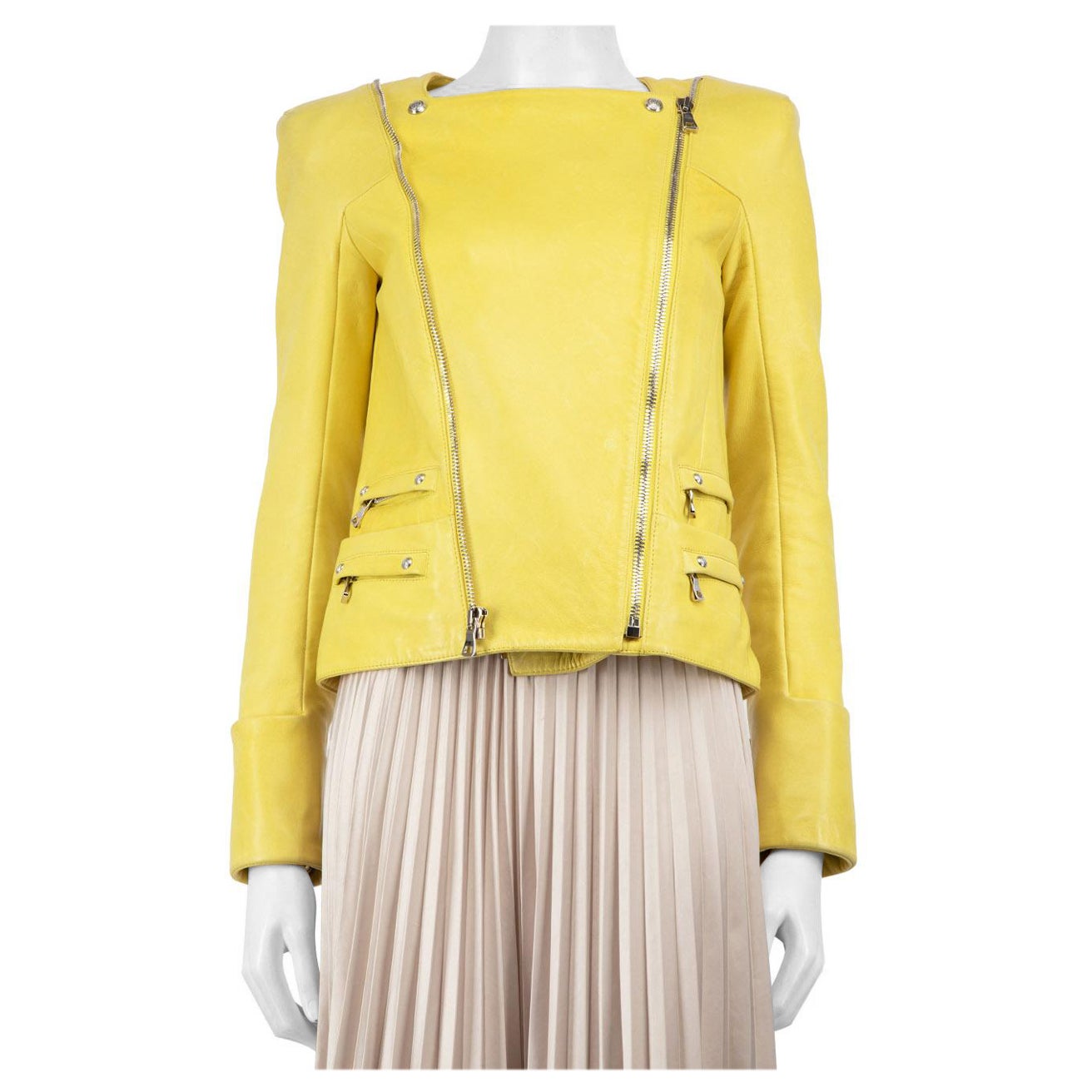 Balmain Yellow Leather Biker Jacket Size M in vendita