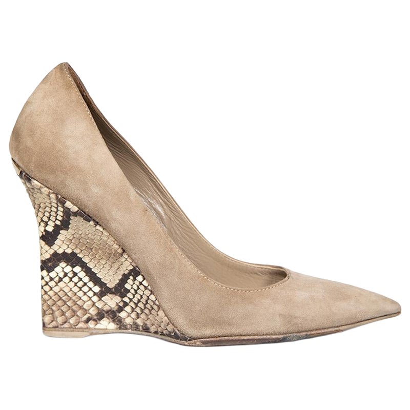Burberry Grey Suede Snakeskin Heel Wedges Size IT 36.5 For Sale