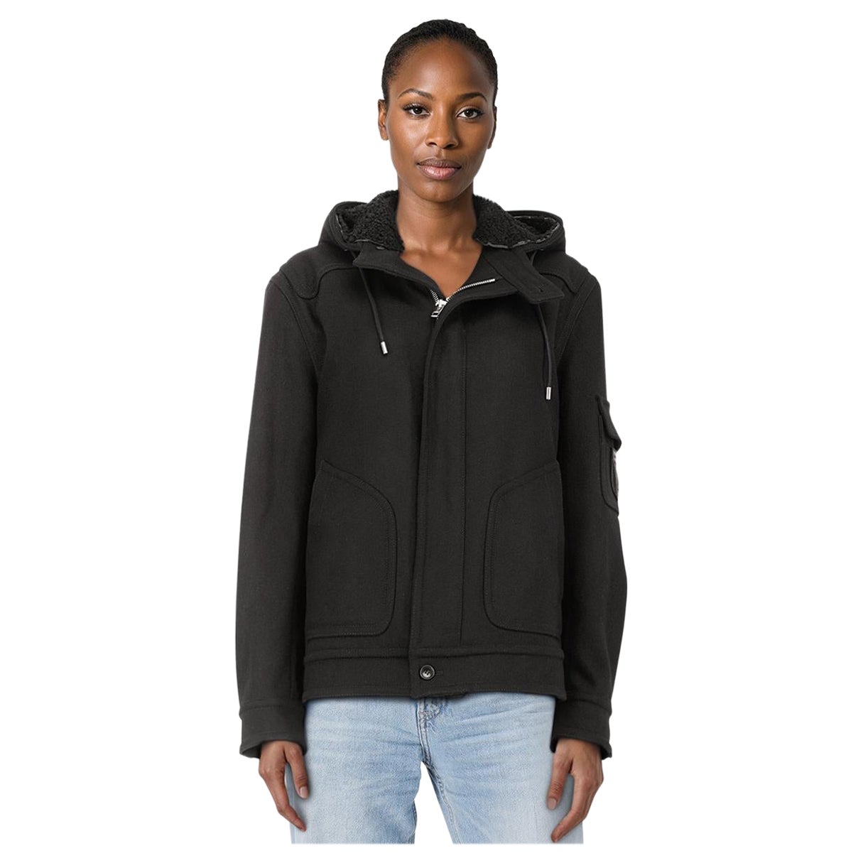 Louis Vuitton Black Wool Shearling Hood Coat Size 4XL For Sale