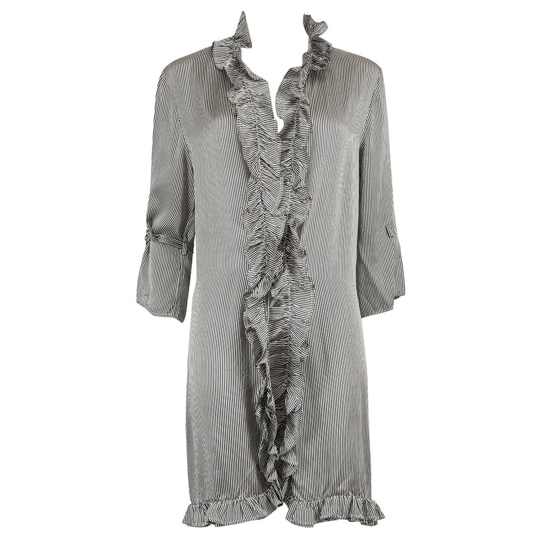 La Perla Black & White Silk Striped Ruffle Trim Robe Size XL For Sale