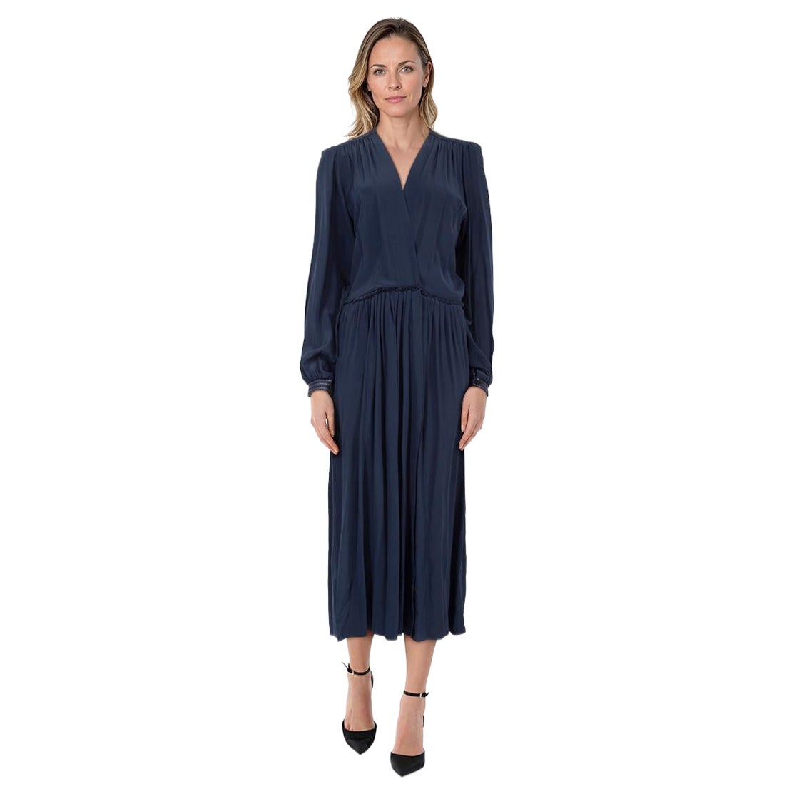 Roksanda Navy Wool Pleated Raffia Detail Dress Size L For Sale