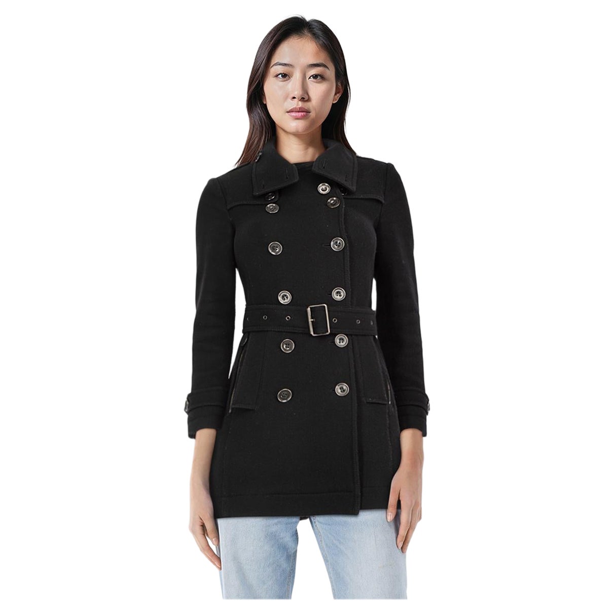 Burberry Black Belted Double Breasted Wool Coat Size XXS For Sale