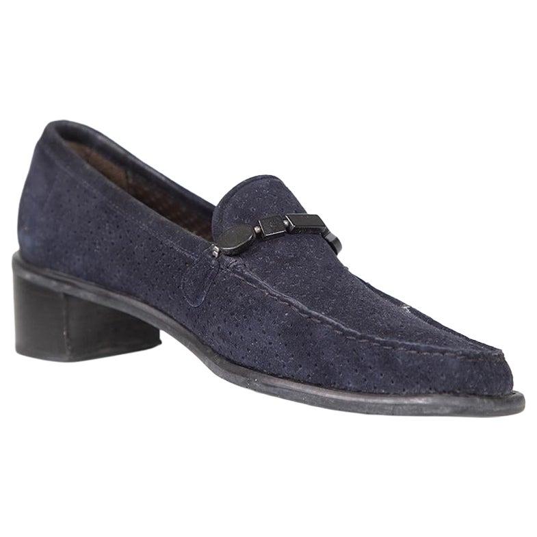 Stuart Weitzman Navy Suede Perforated Loafers Size US 9.5 For Sale