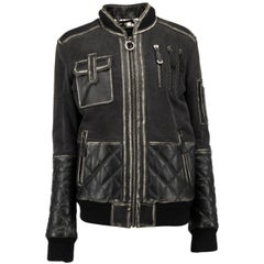 Philipp Plein Dark Grey Cotton Bomber with Calf Leather Matelasse Details Size L