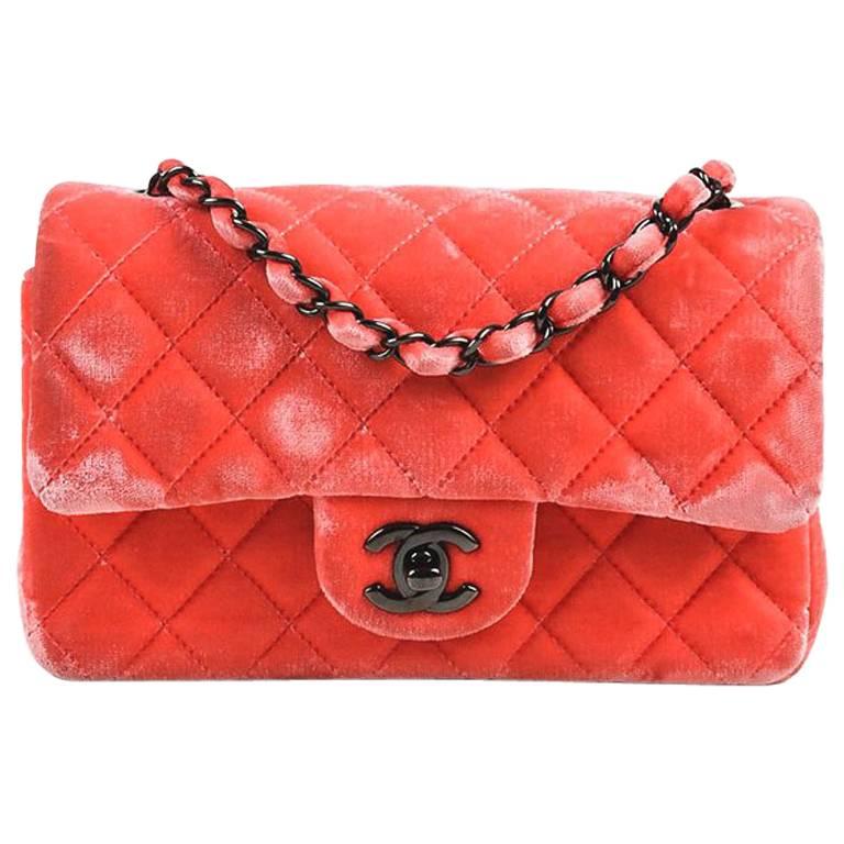 Chanel Coral Pink Velvet & Leather Quilted Crossbody "Classic New Mini" Bag For Sale