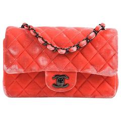 Chanel Coral Pink Velvet & Leather Quilted Crossbody "Classic New Mini" Bag