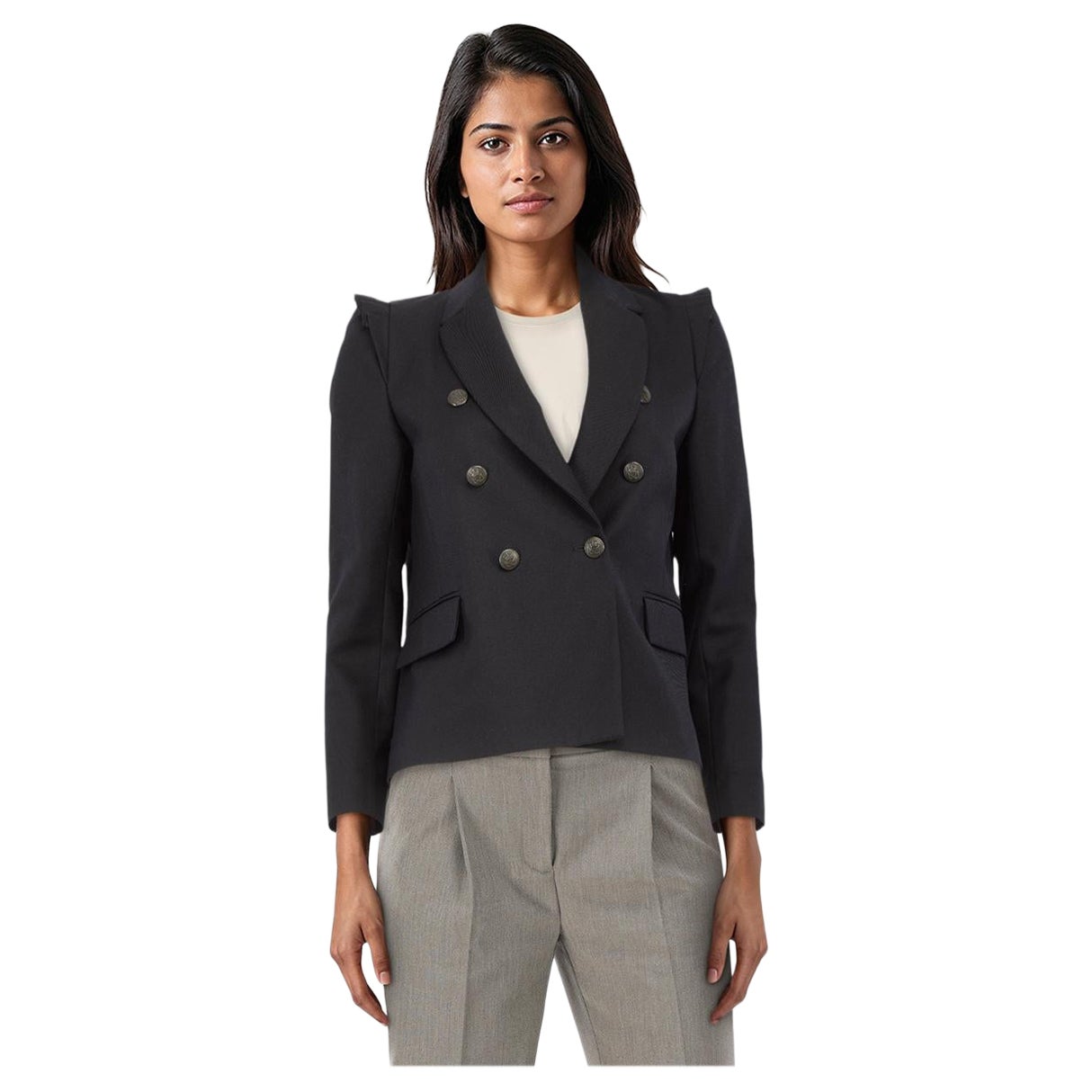 Sandro Black Ruffle Trim Double Breasted Blazer Size S For Sale