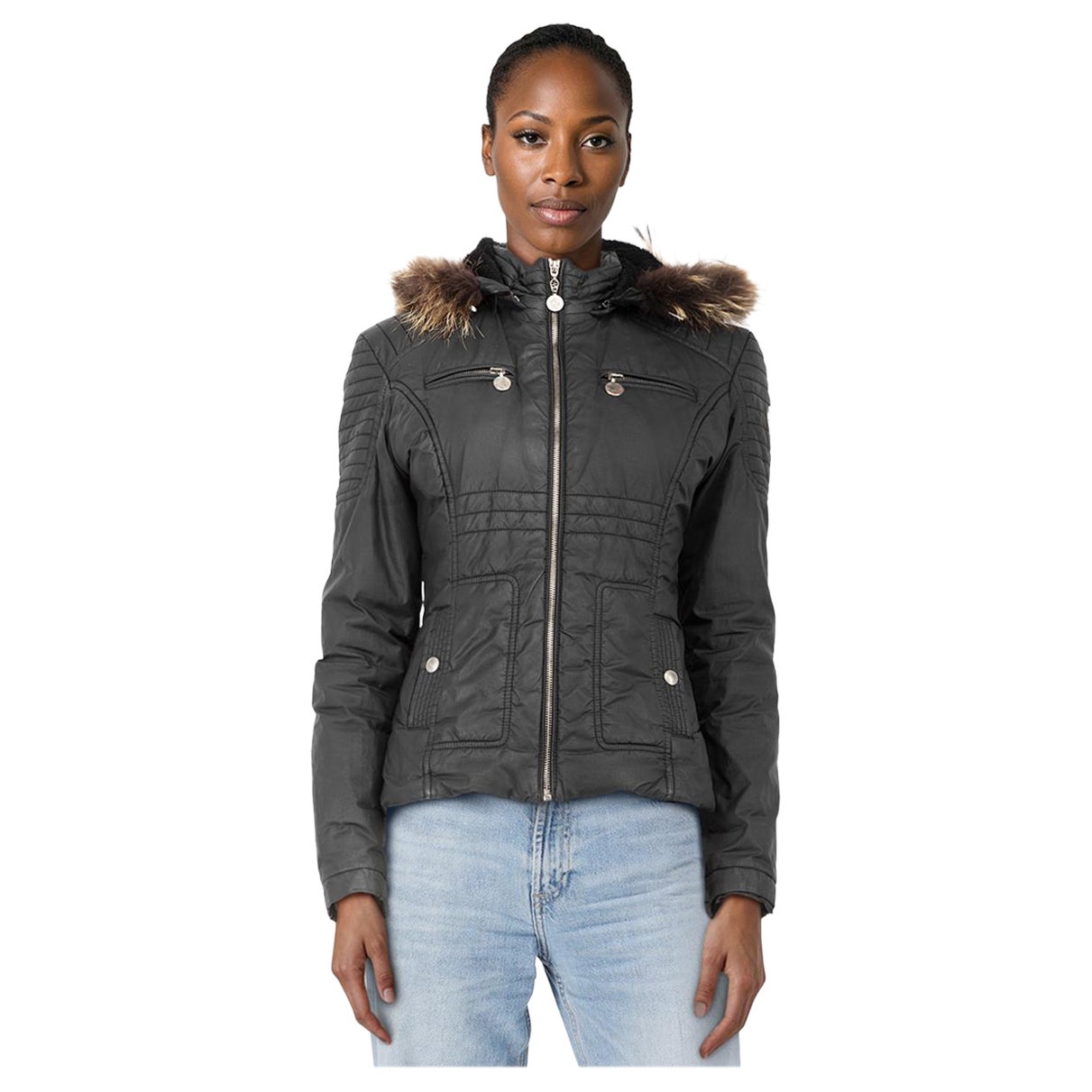 Moncler Black Quilted Biker Fur Hood Jacket Size S For Sale