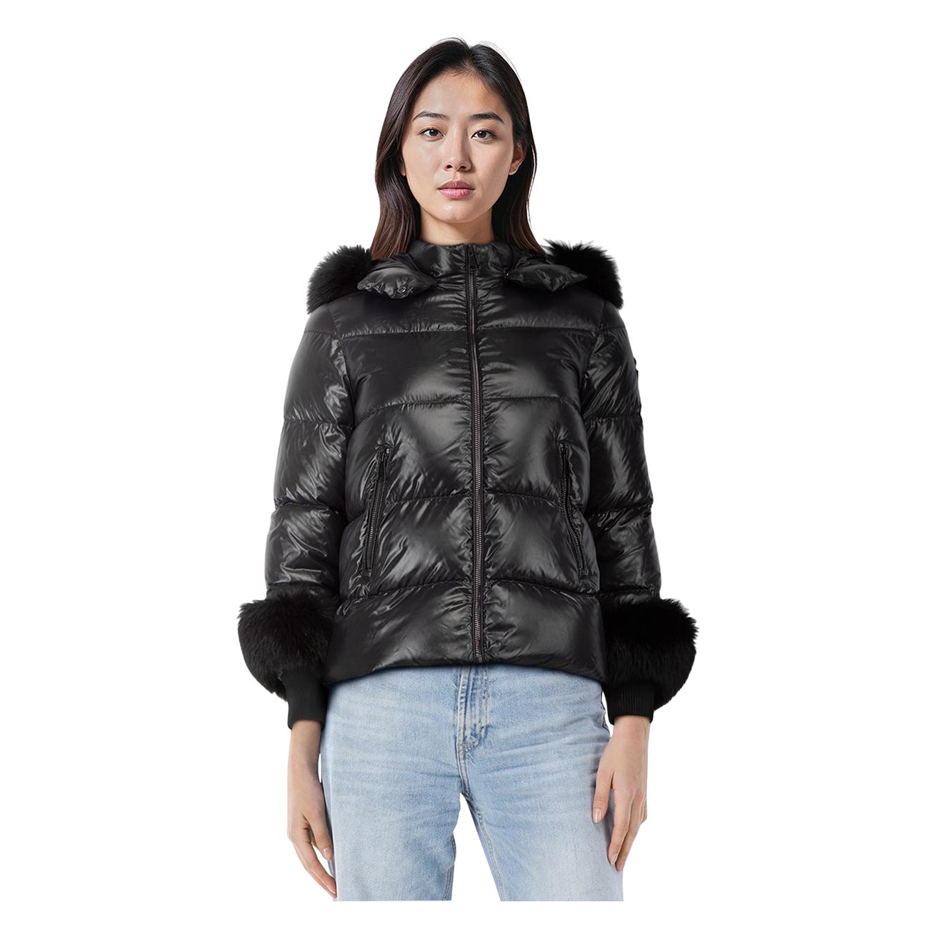 Moncler Black Esra Fox Fur Trim Down Jacket Size M For Sale