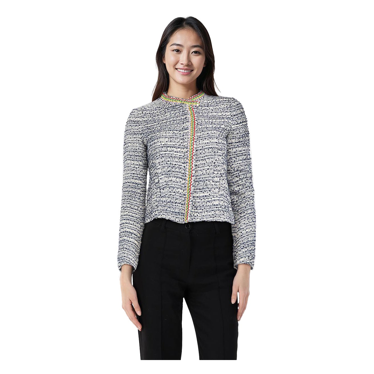 Maje Blue Tweed Beaded Trim Jacket Size S For Sale