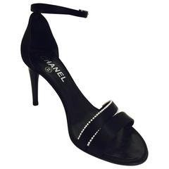 Chanel Black Satin Strappy High Heel Sandals With Pearl Trim 3