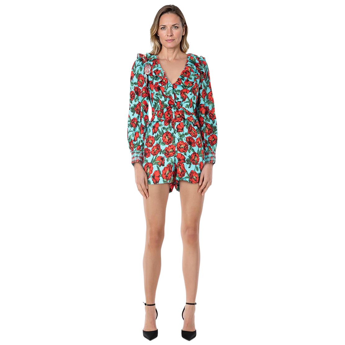 Alice + Olivia Blue & Red Floral Playsuit Size XS For Sale