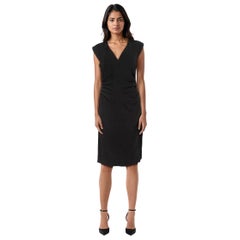 Saint Laurent Black Wool V Neck Ruched Dress Size L