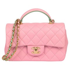 Chanel Pink & Green Quilted Lambskin Rectangular Mini Flap Bag with Top Handle
