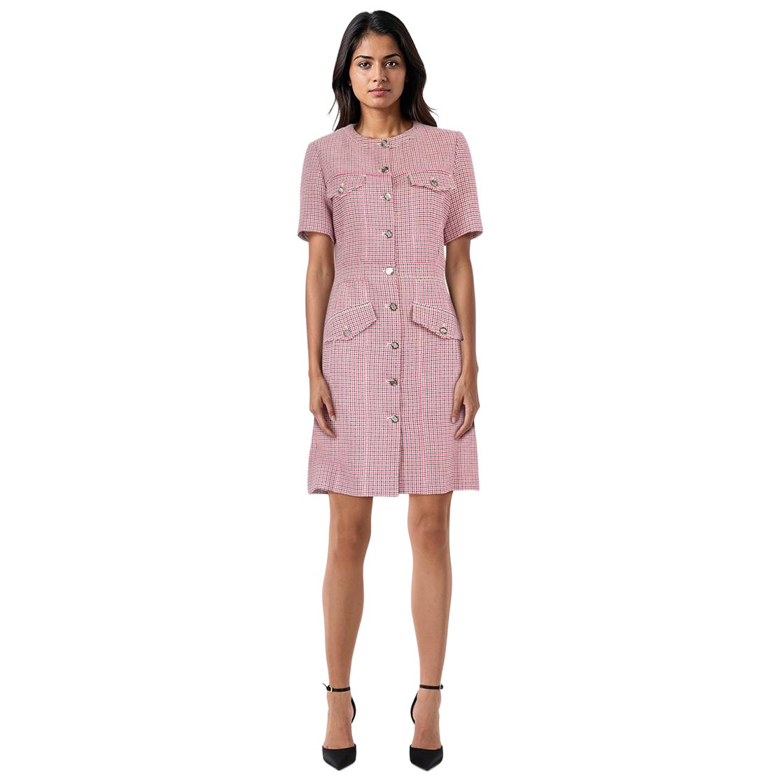Maje Pink Houndstooth Button Down Dress Size L en venta