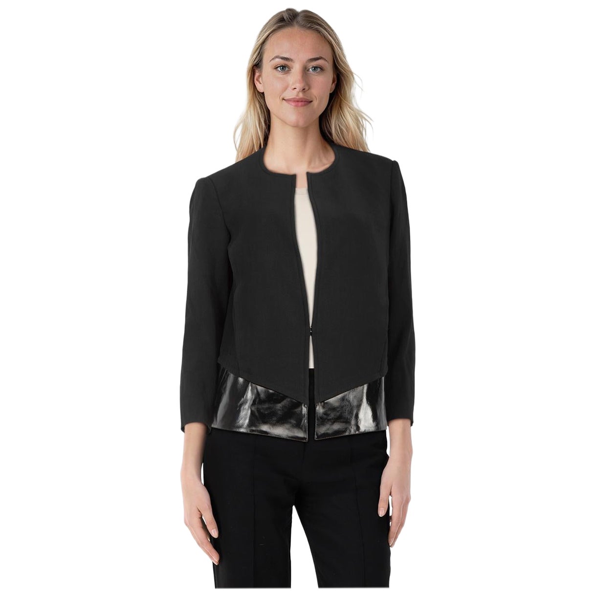 Helmut Lang Schwarzer Blazer aus Wolle mit Kunstlederbesatz Größe L im Angebot