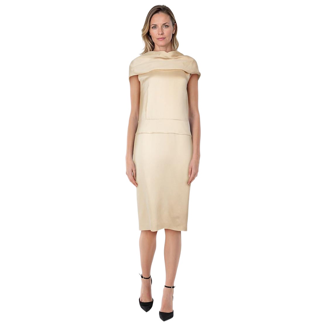 Alexander McQueen Beige Silk Midi Wide Neck Dress Size L in vendita