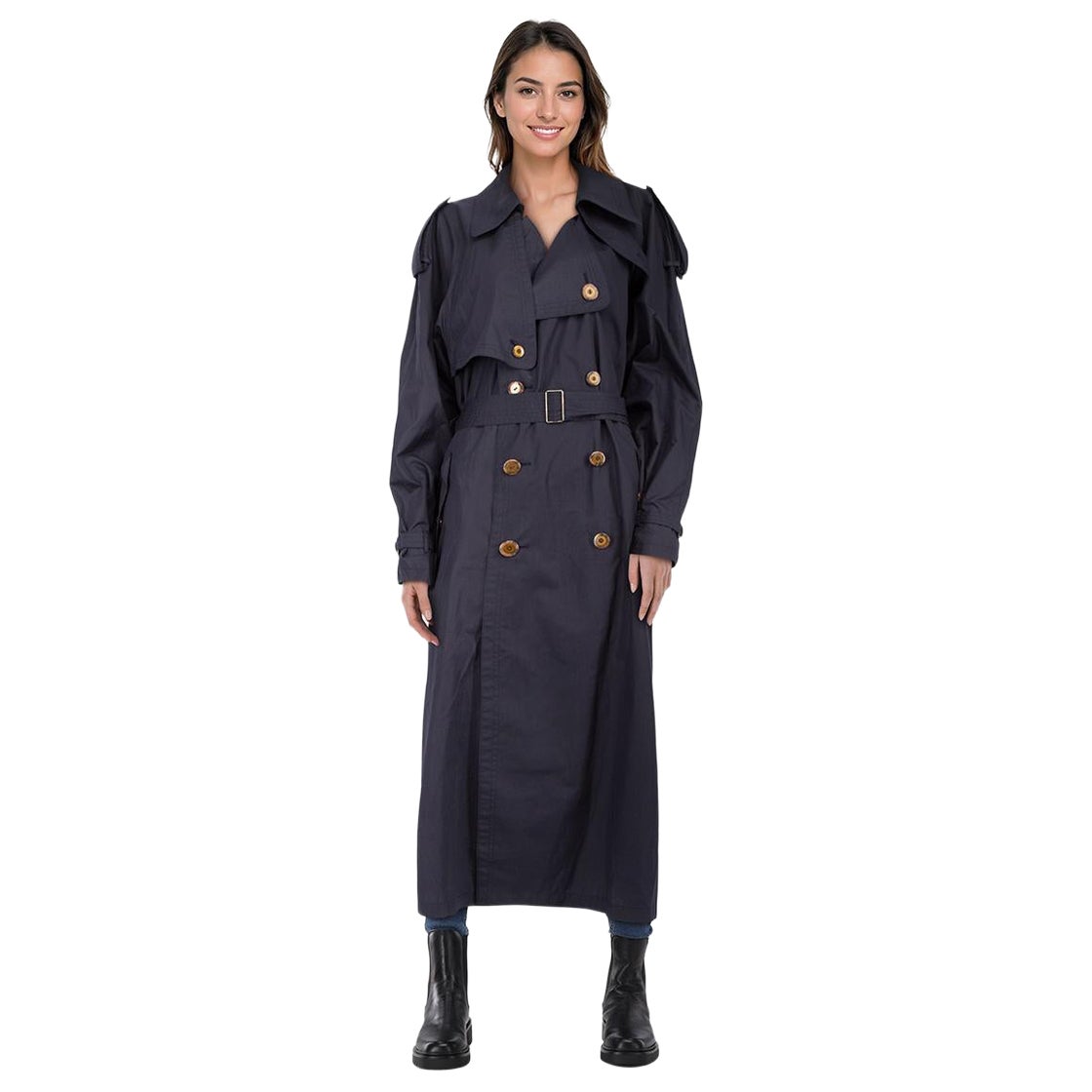 Saint Laurent Navy Belted Trench Coat Size XL For Sale