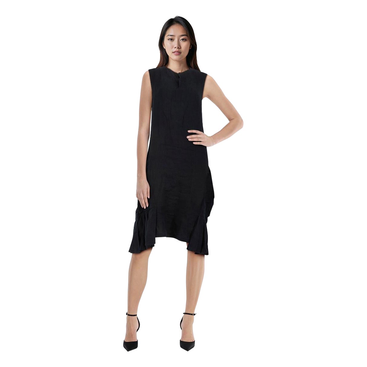 Yohji Yamamoto Y's Navy Linen Pleated Trim Midi Dress Size S For Sale