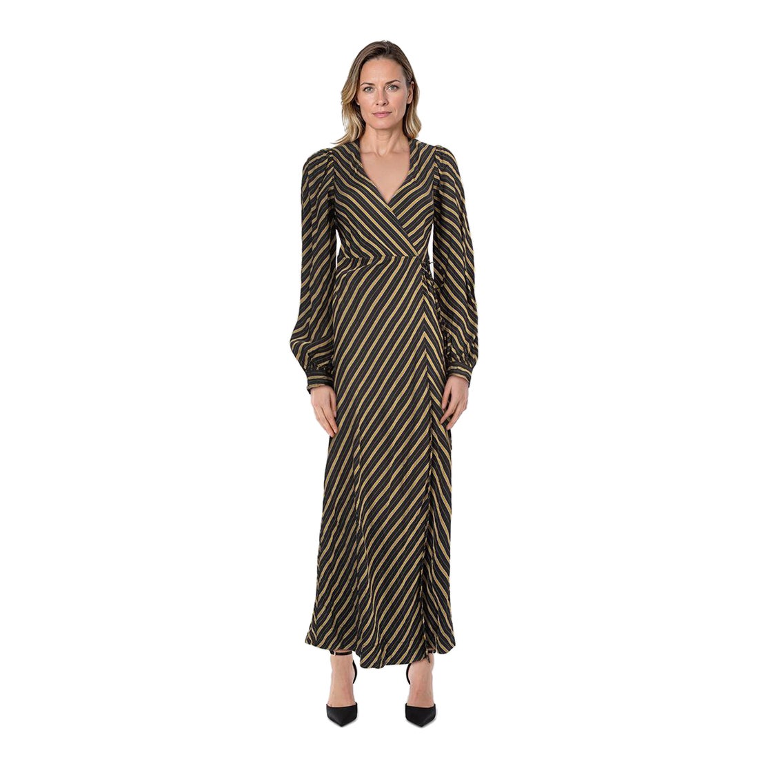 Ganni Black & Yellow Striped Maxi Dress Size XS For Sale