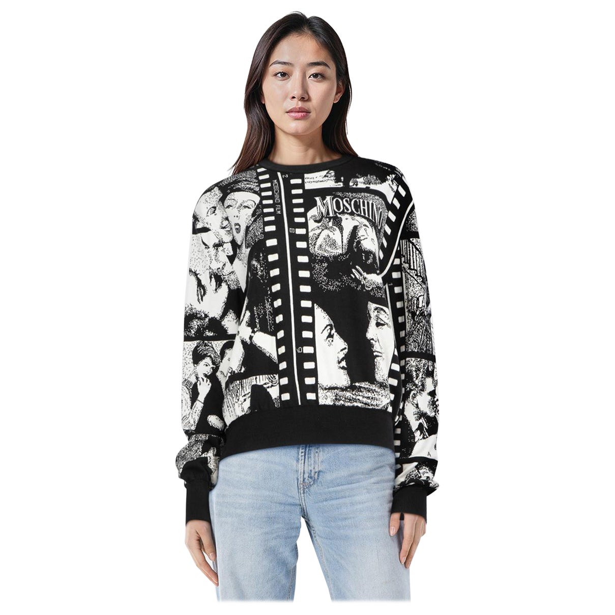 Moschino Black & White Abstract Knit Jumper Size XL For Sale