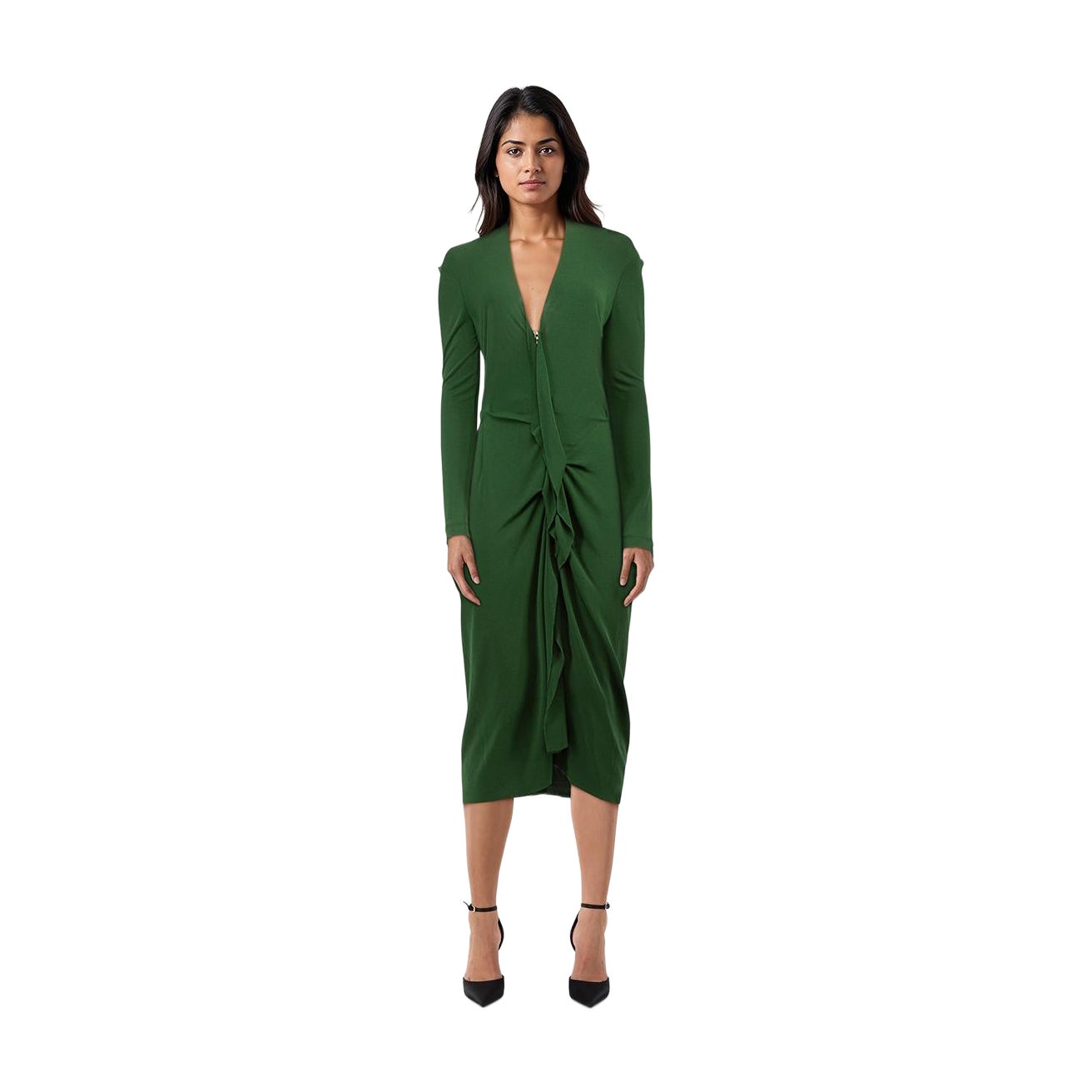 Roland Mouret Green Ruffle Trim Midi Dres Size L For Sale