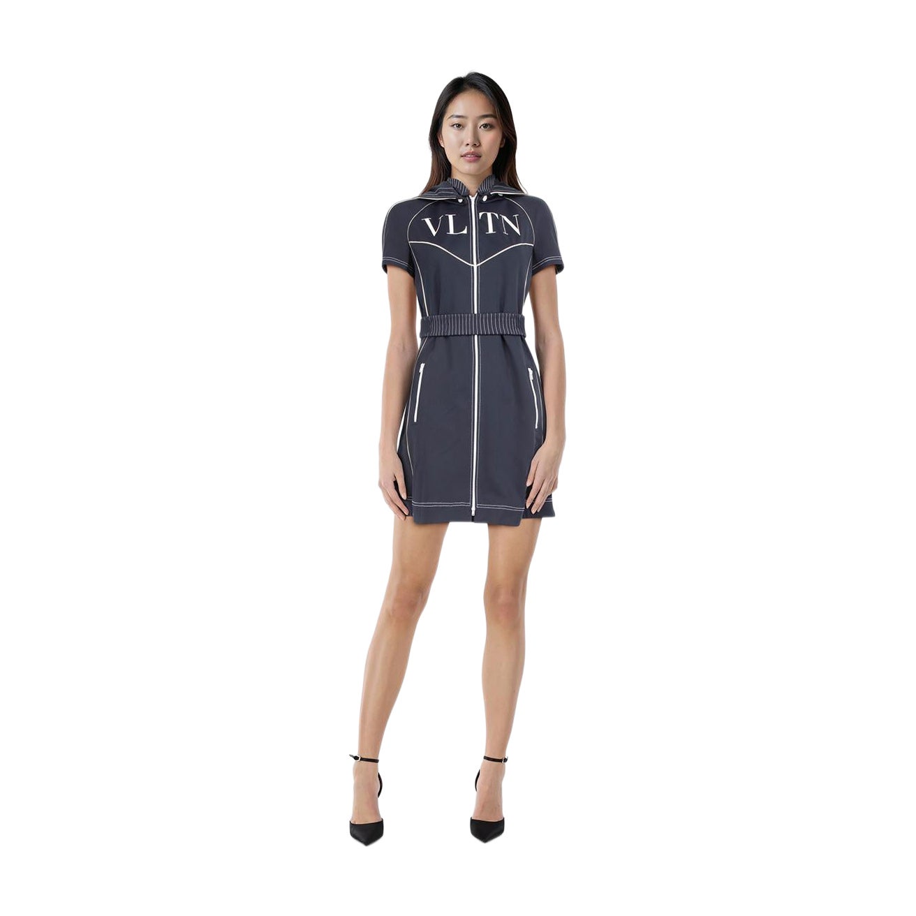 Valentino Garavani Navy VLTN Hooded Zip Up Dress Size S For Sale