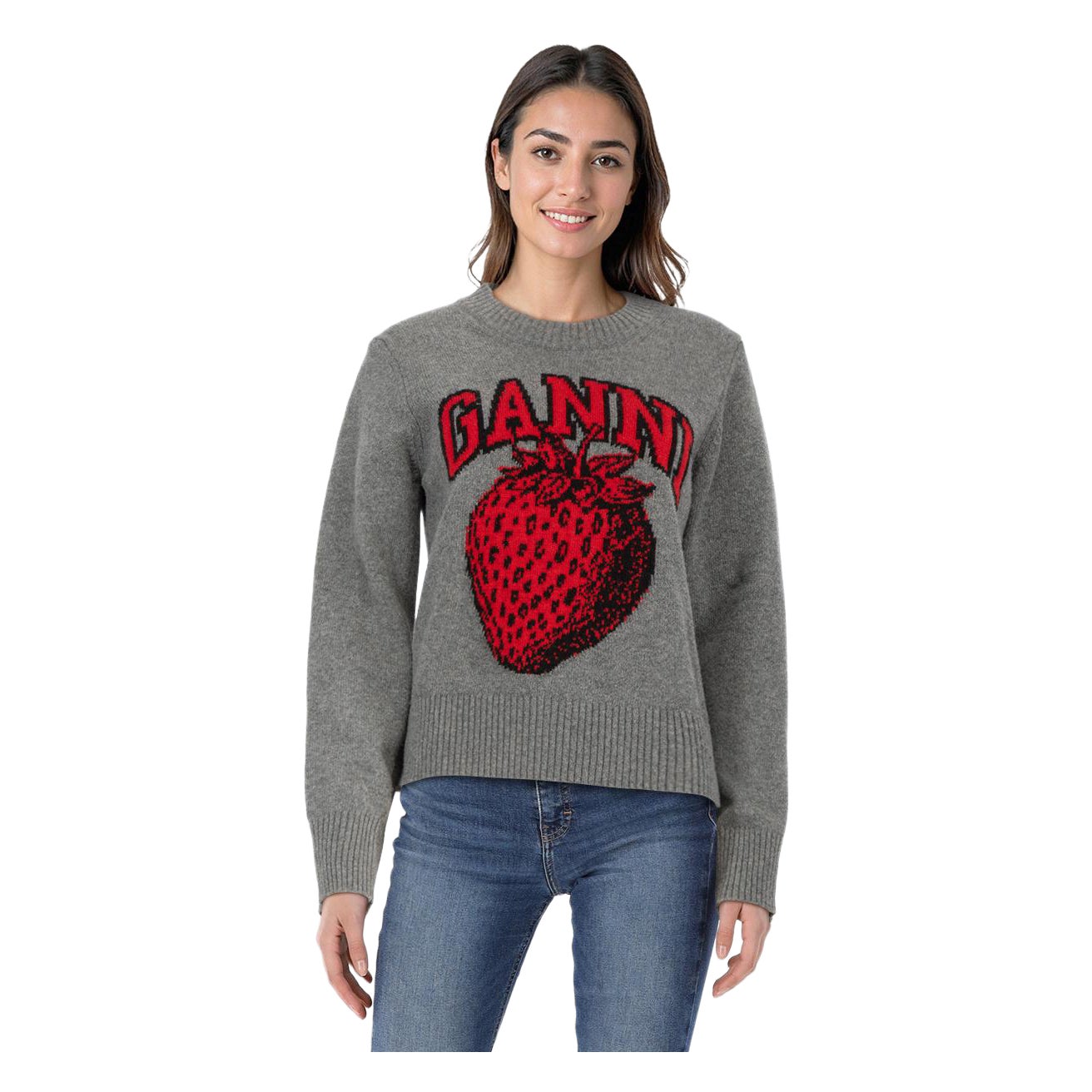 Ganni Grey Wool Strawberry Logo Jumper Size XS For Sale