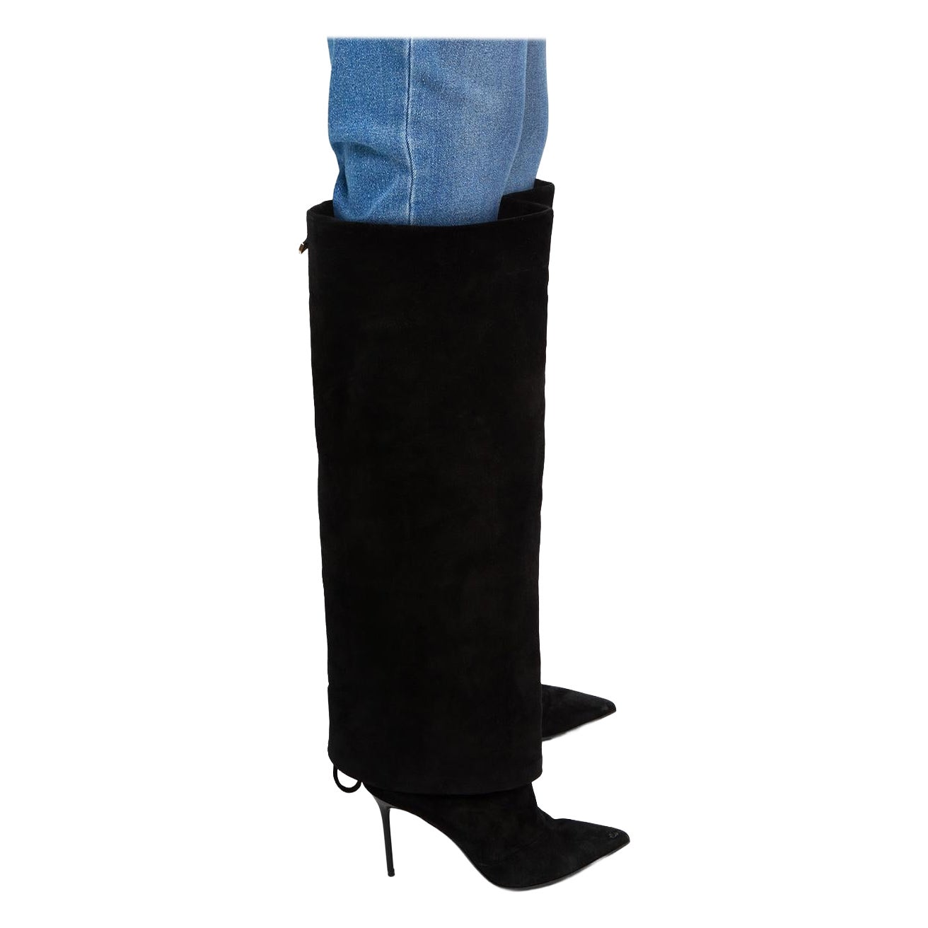 Balmain Black Suede Fold Over Heeled Boots Size IT 38 For Sale