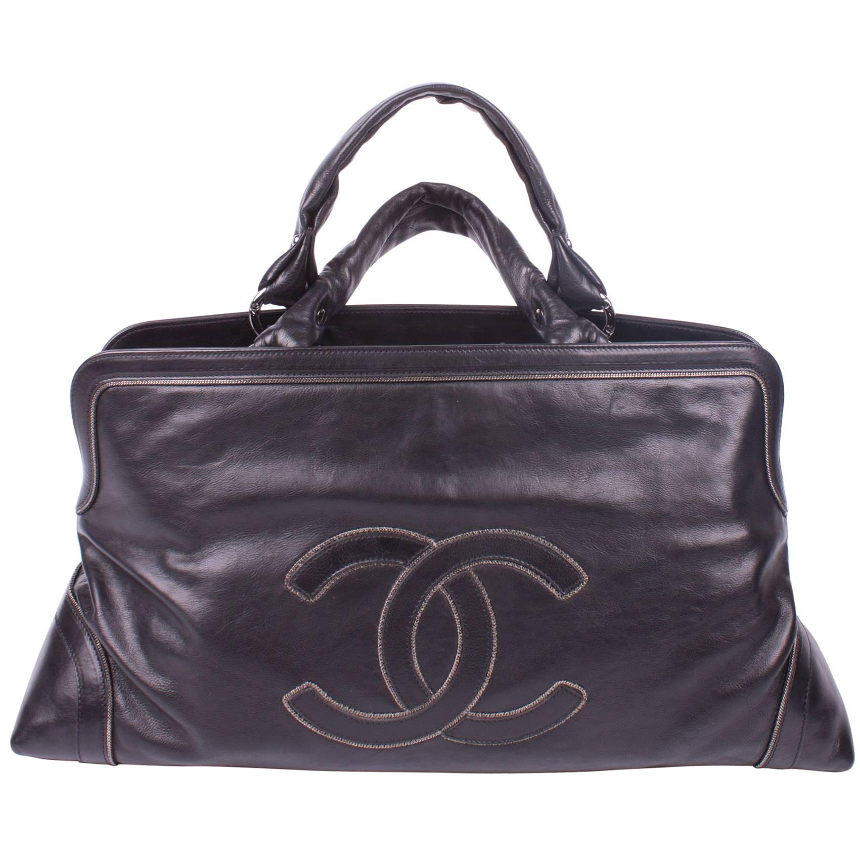Chanel Tote Bag with Chain Trim - black leather 