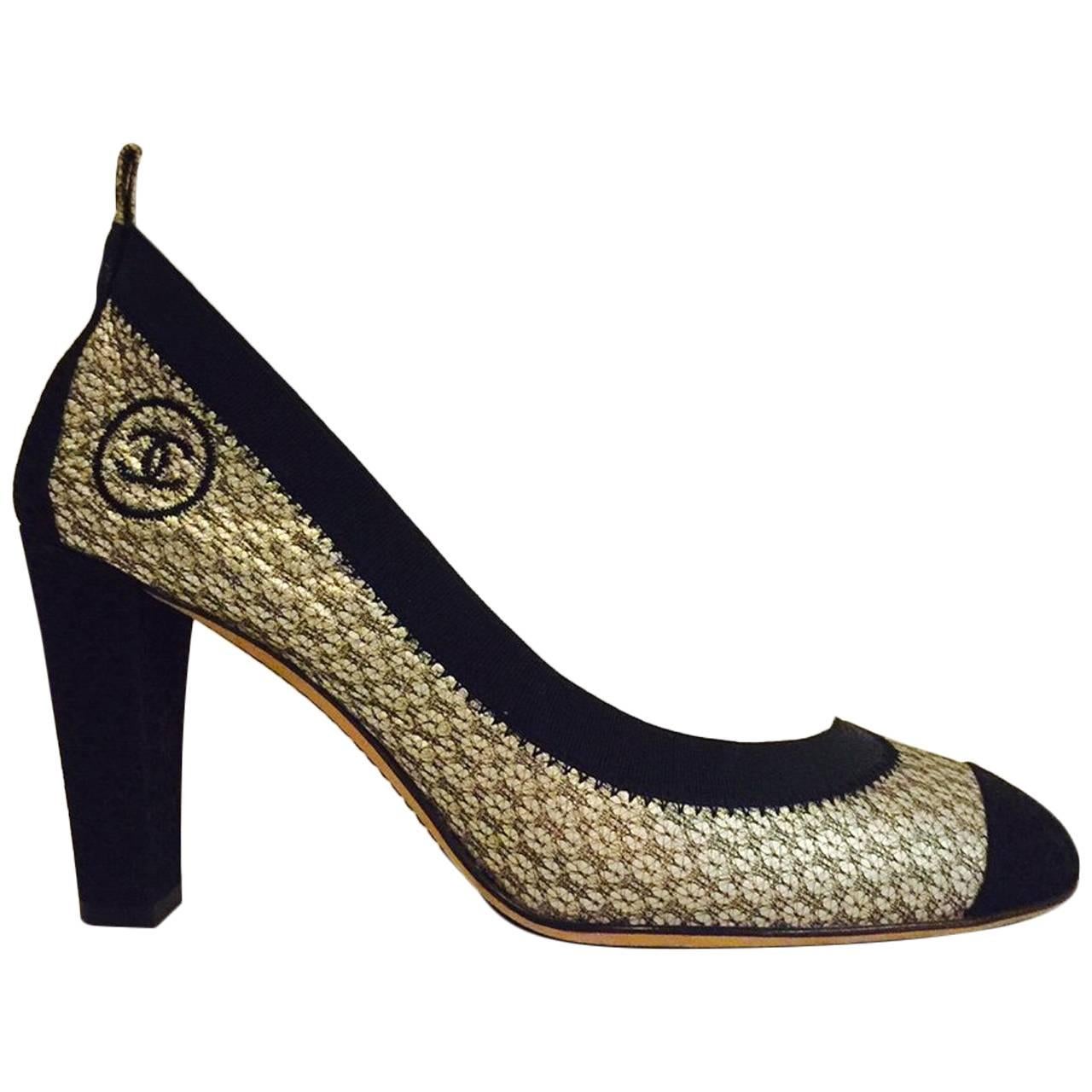 Chanel Antique Gold Metallic Leather and Black Brocade Stretch Pumps 