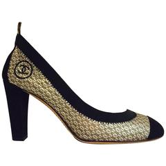 Chanel Antique Gold Metallic Leather and Black Brocade Stretch Pumps