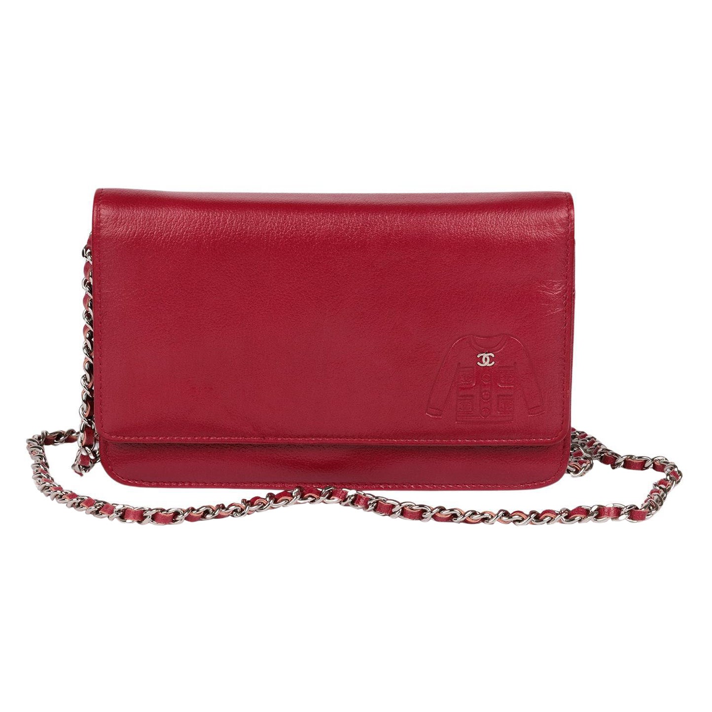 Chanel Red Goatskin Leather Mademoiselle Jacket Embossed Wallet-On-Chain WOC en vente