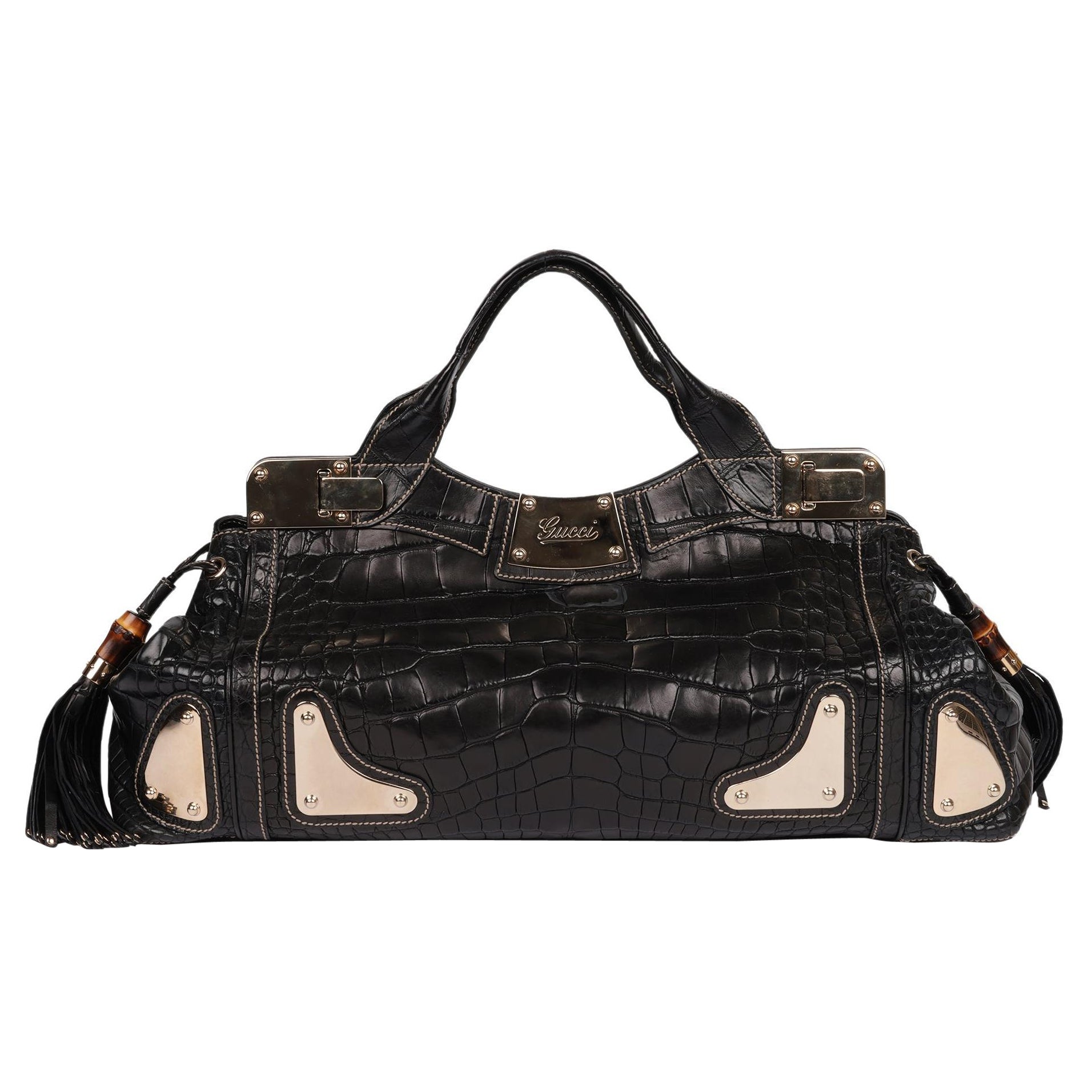Gucci Black Matte Alligator Leather Large Tassle Race Tote im Angebot
