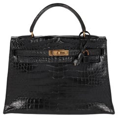 Hermès Black Shiny Porosus Crocodile Leather Vintage Kelly 32cm Sellier