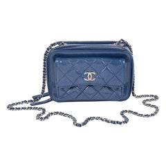 Chanel Blue Quilted Iridescent Patent Leather Mini Pocket Box Camera Case