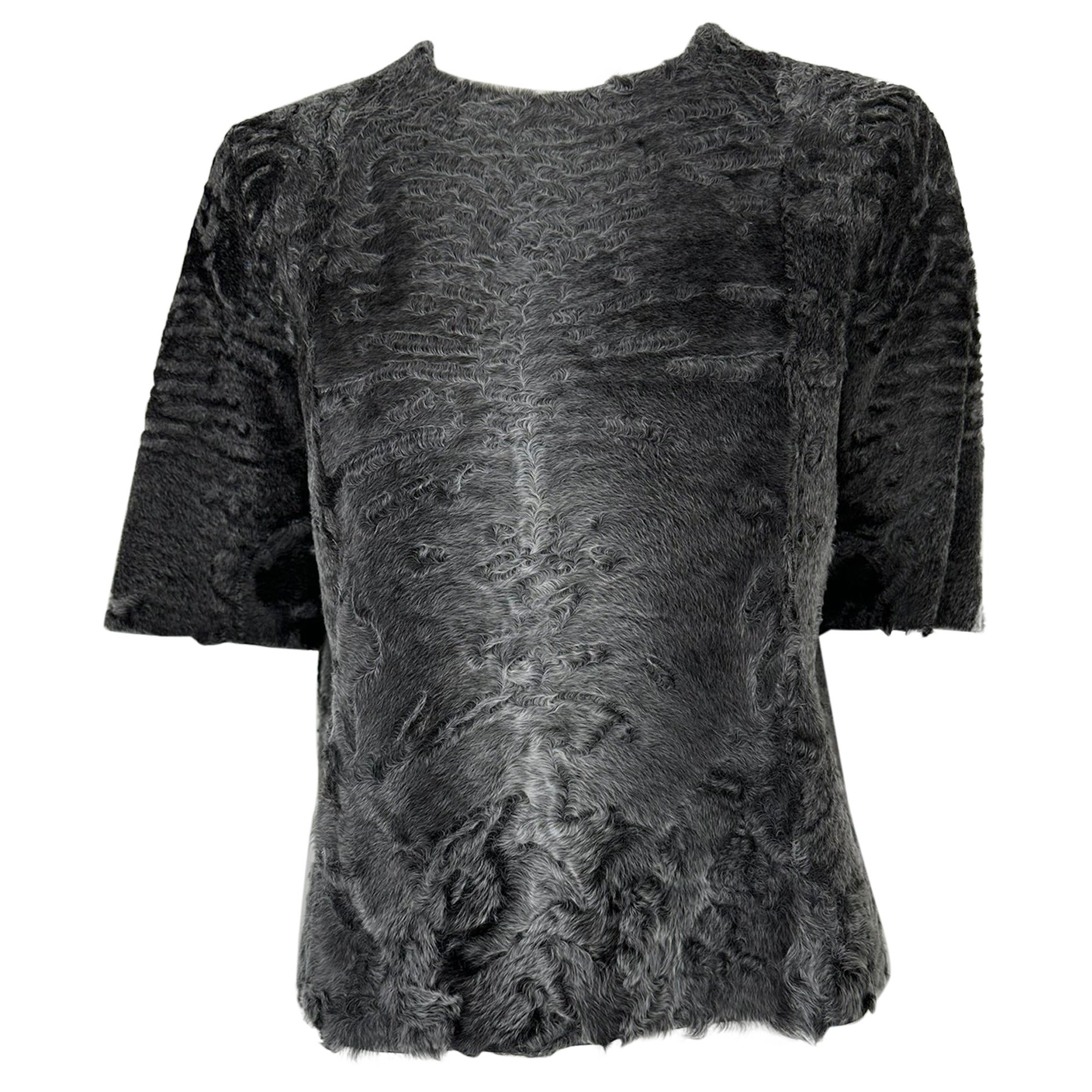 The Row Telleck Top Grey Persian Lamb Short Sleeve Pull On Silk Lined Top 36 im Angebot