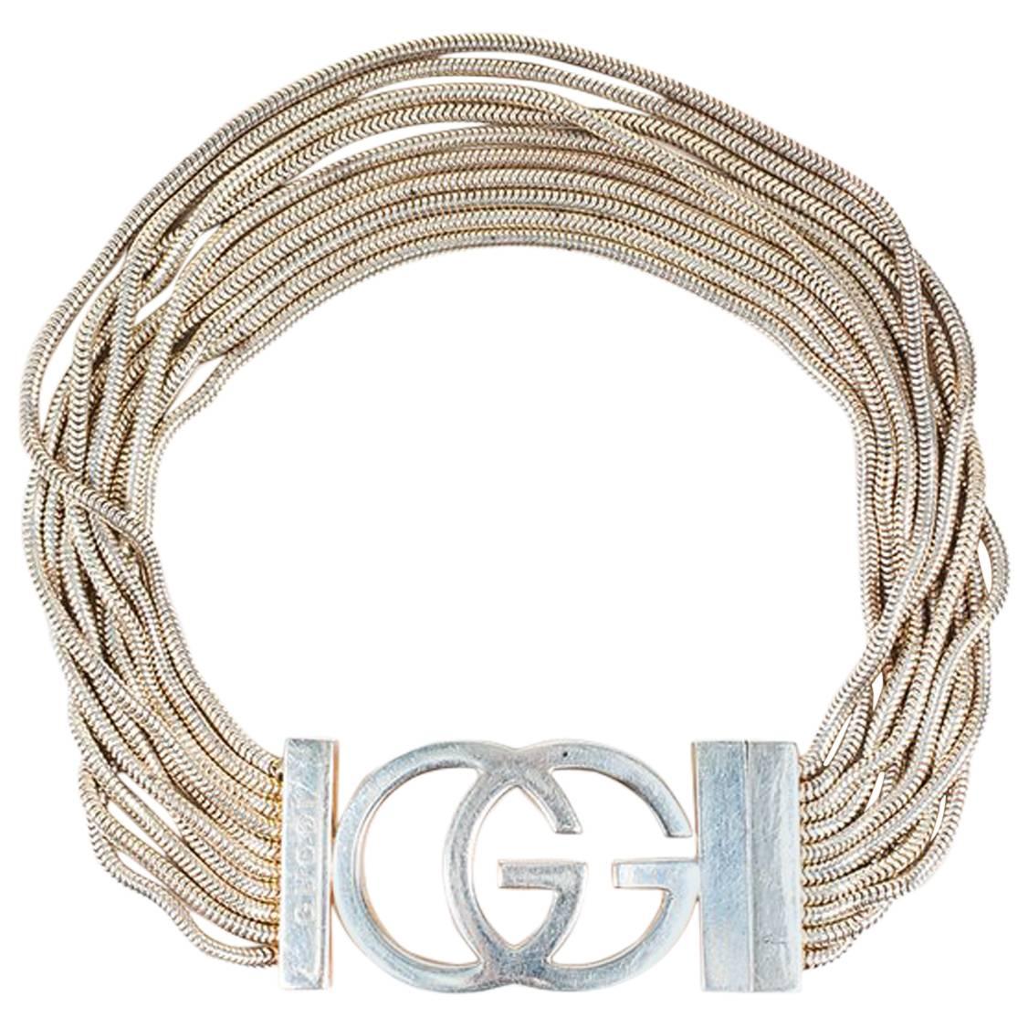 Gucci Sterling Silver 'GG' Logo Multi Strand Chain Link Bracelet For Sale