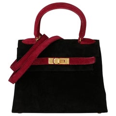 Hermès Framboise & Black Veau Doblis Suede Vintage Kelly 20cm Sellier