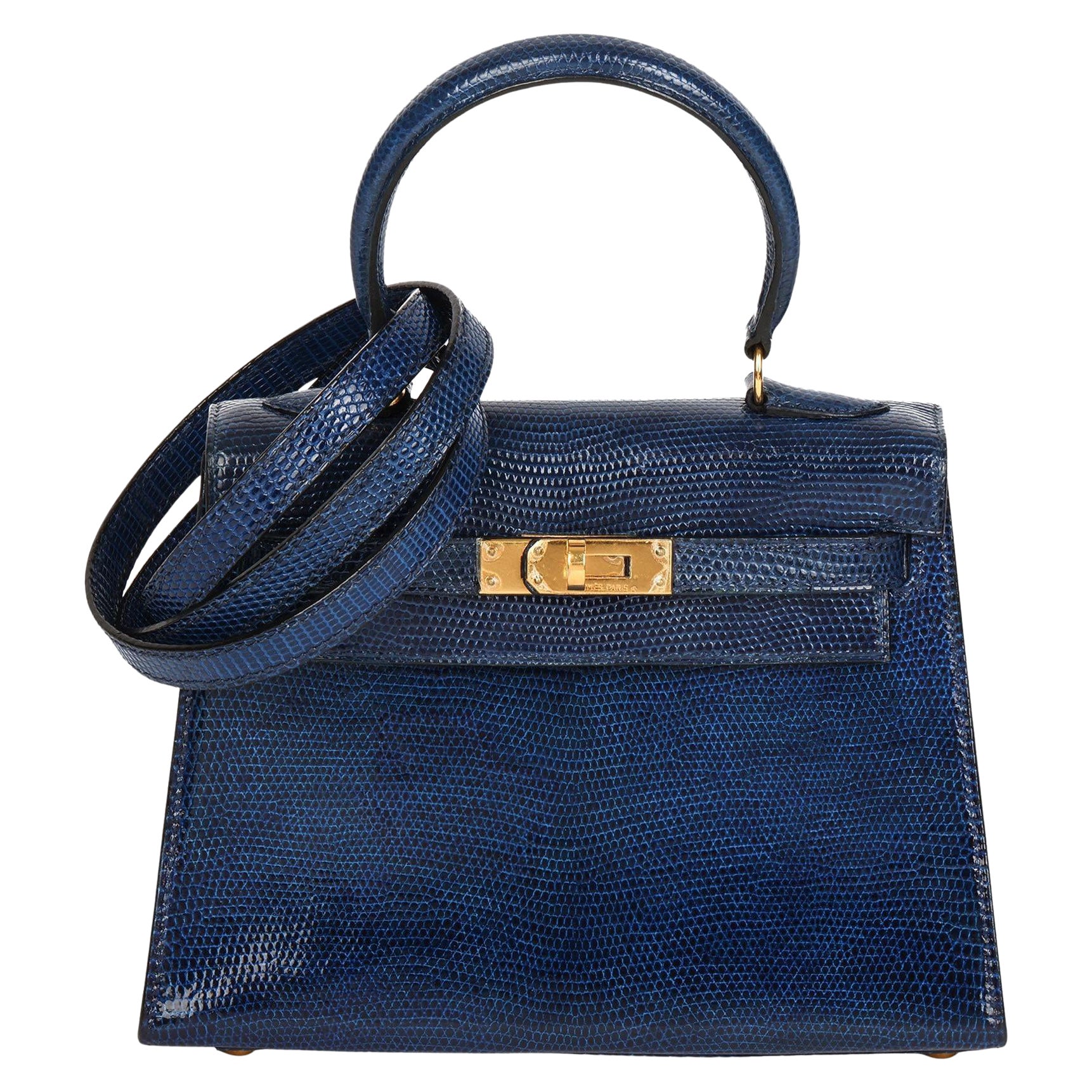 Hermès Blue Saphir Lizard Leather Vintage Kelly 20cm Sellier en venta