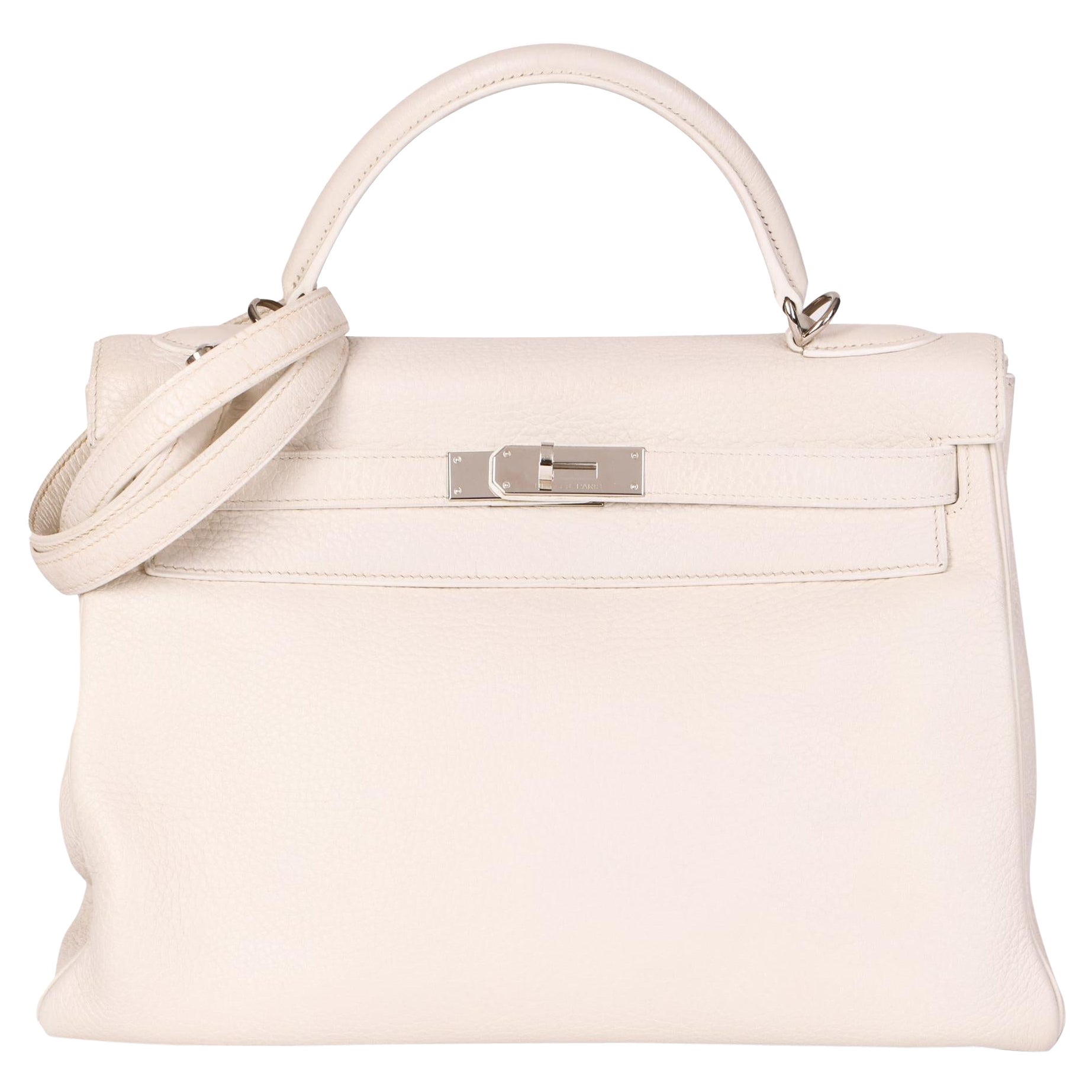 Hermès White Clemence Leather Kelly 32cm Retourne