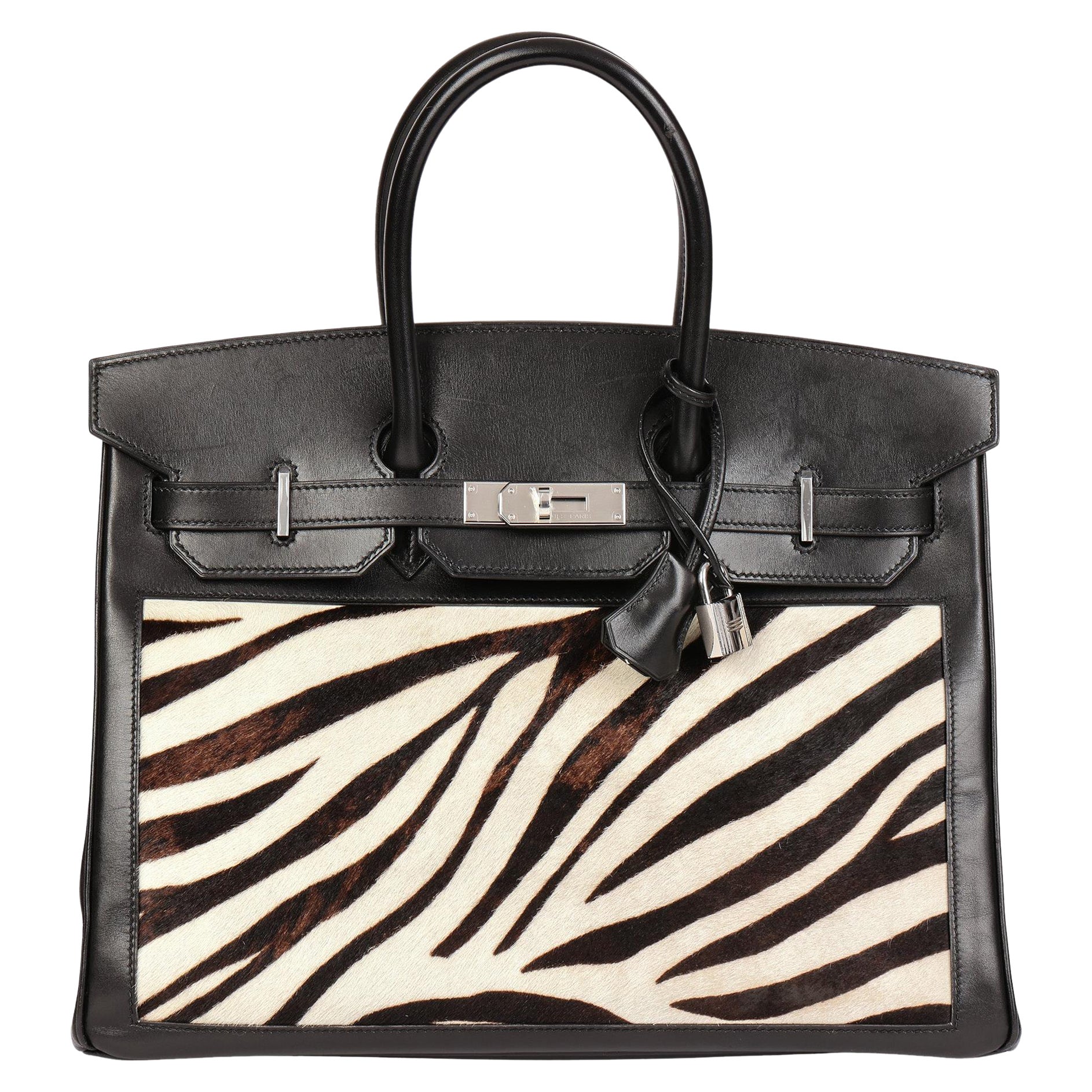 Hermès Black Box Calf Leather & Zebra Print Calfskin Pony Fur Birkin 35cm en vente