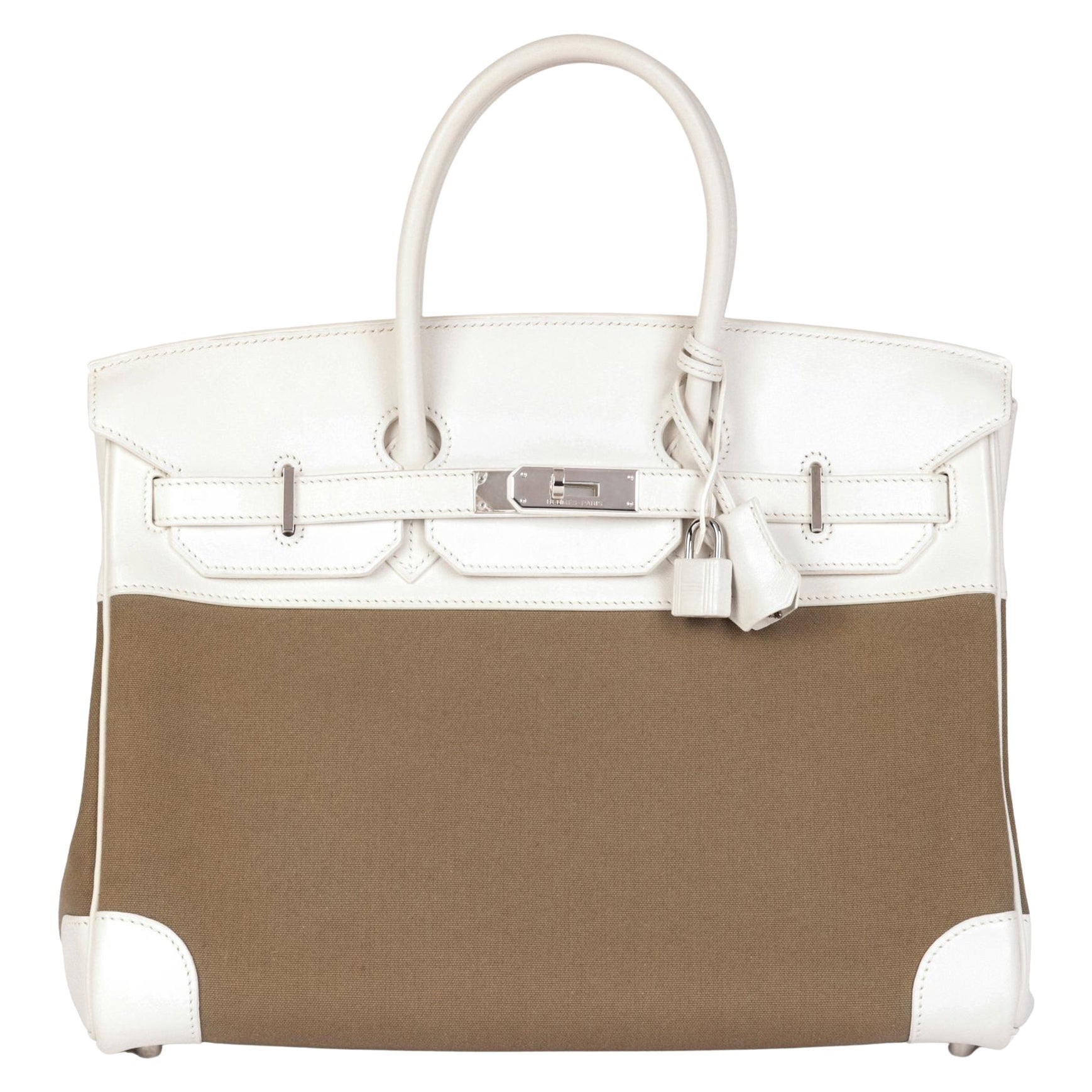 Hermès White Swift Leather & Olive Toile Canvas Birkin 35cm Retourne en vente