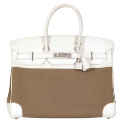 Hermès White Swift Leather & Olive Toile Canvas Birkin 35cm Retourne