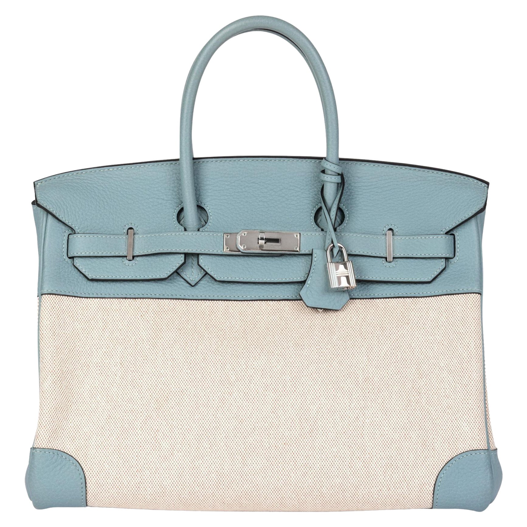 Hermès Ciel Togo Leather & Natural Toile Canvas Birkin 35cm Retourne in vendita