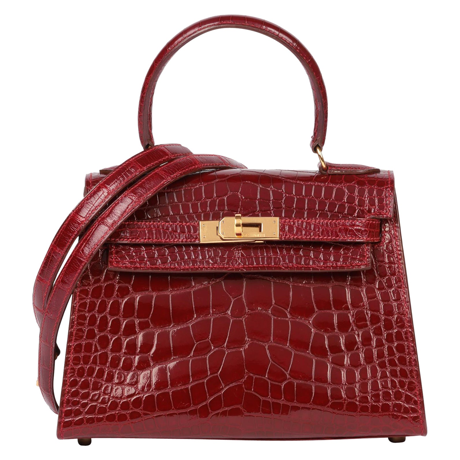 Hermès Rouge H Piel de Aligátor Brillante Kelly Vintage 20cm en venta