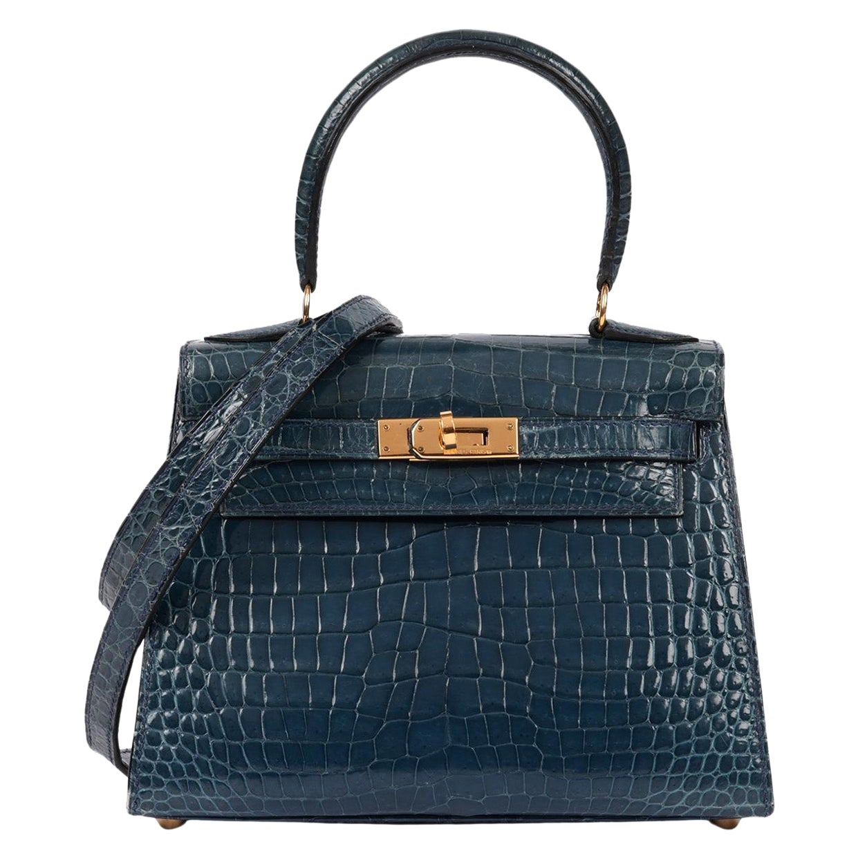 Hermès Bleu Tempete Cuir de crocodile Porosus brillant Vintage Kelly 20cm Sellier en vente