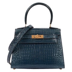 Hermès Blue Tempete Shiny Porosus Crocodile Leather Vintage Kelly 20cm Sellier