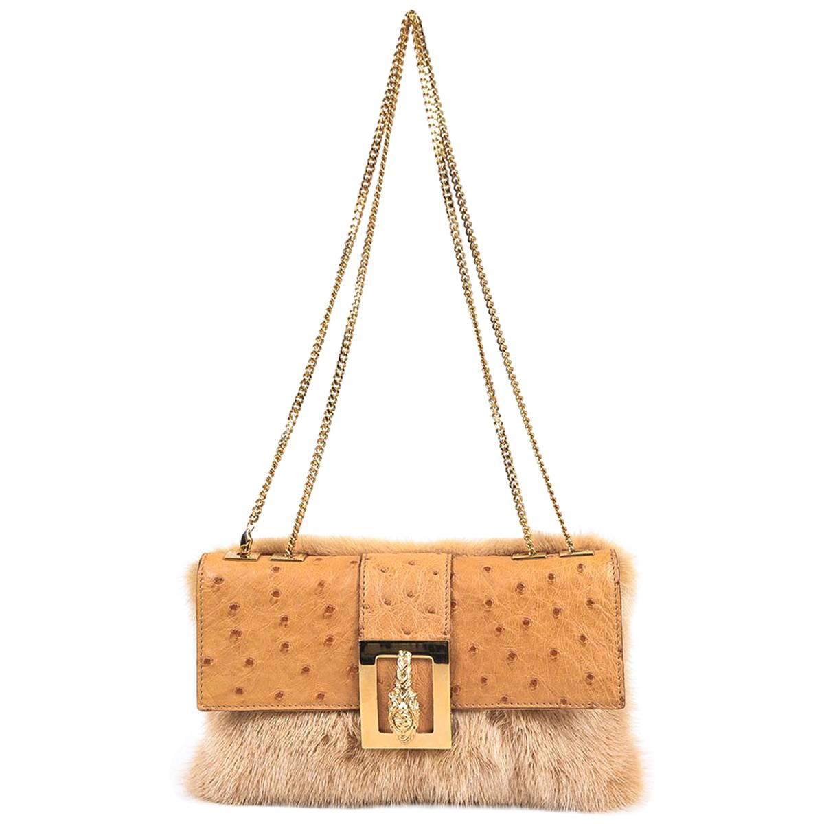 Gucci Tom Ford Tan Ostrich Leather Mink Fur Chain Strap Tiger Flap Shoulder Bag For Sale