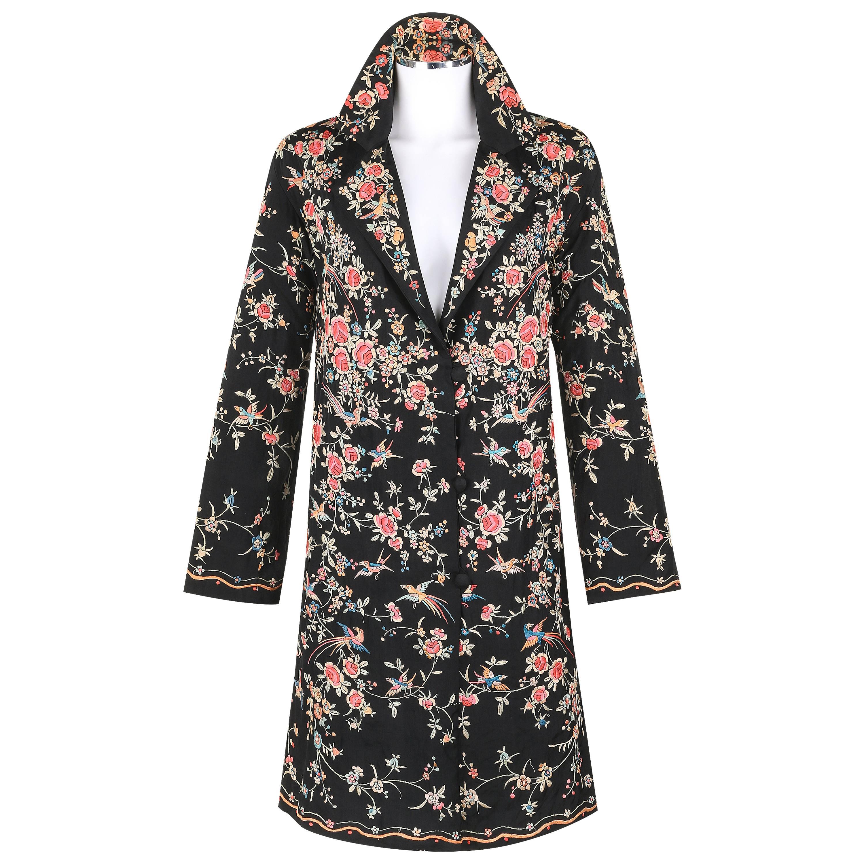 COUTURE c.1920's Black Silk Multicolored Chinese Floral Hand Embroidered Jacket